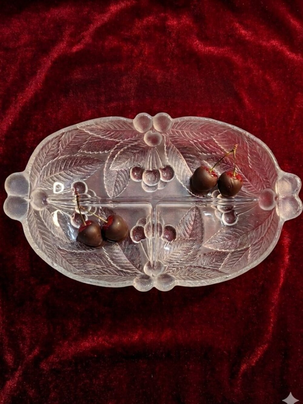 Vintage Mikasa Bountiful Cherries Frosted Glass Divided Dish Rare 9.5" Size
